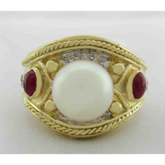 Genuine 8 mm White Pearl Rubies & Diamonds Ring 14K Gold